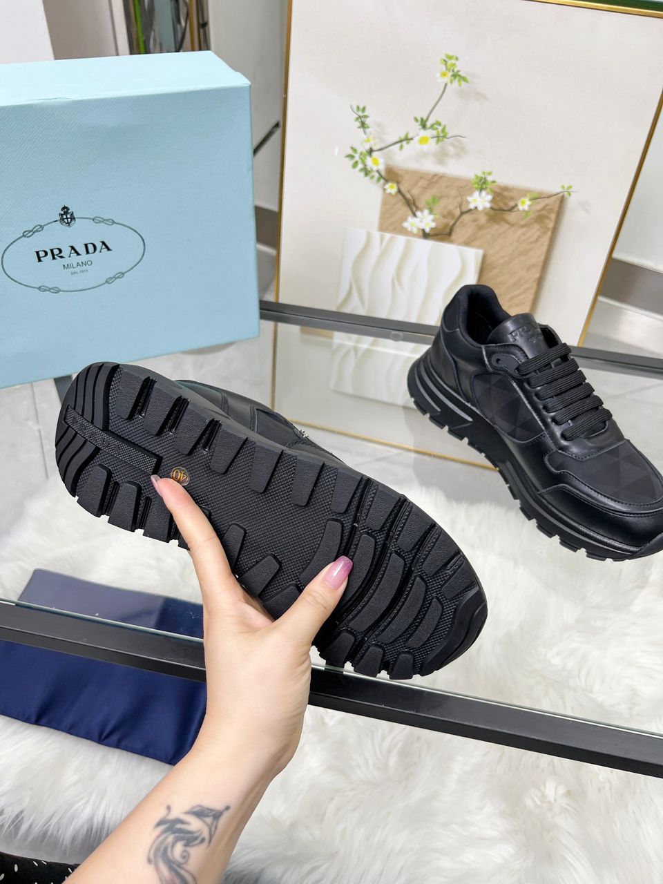 Prada Black Nylon Leather Triangle Logo Sneakers .