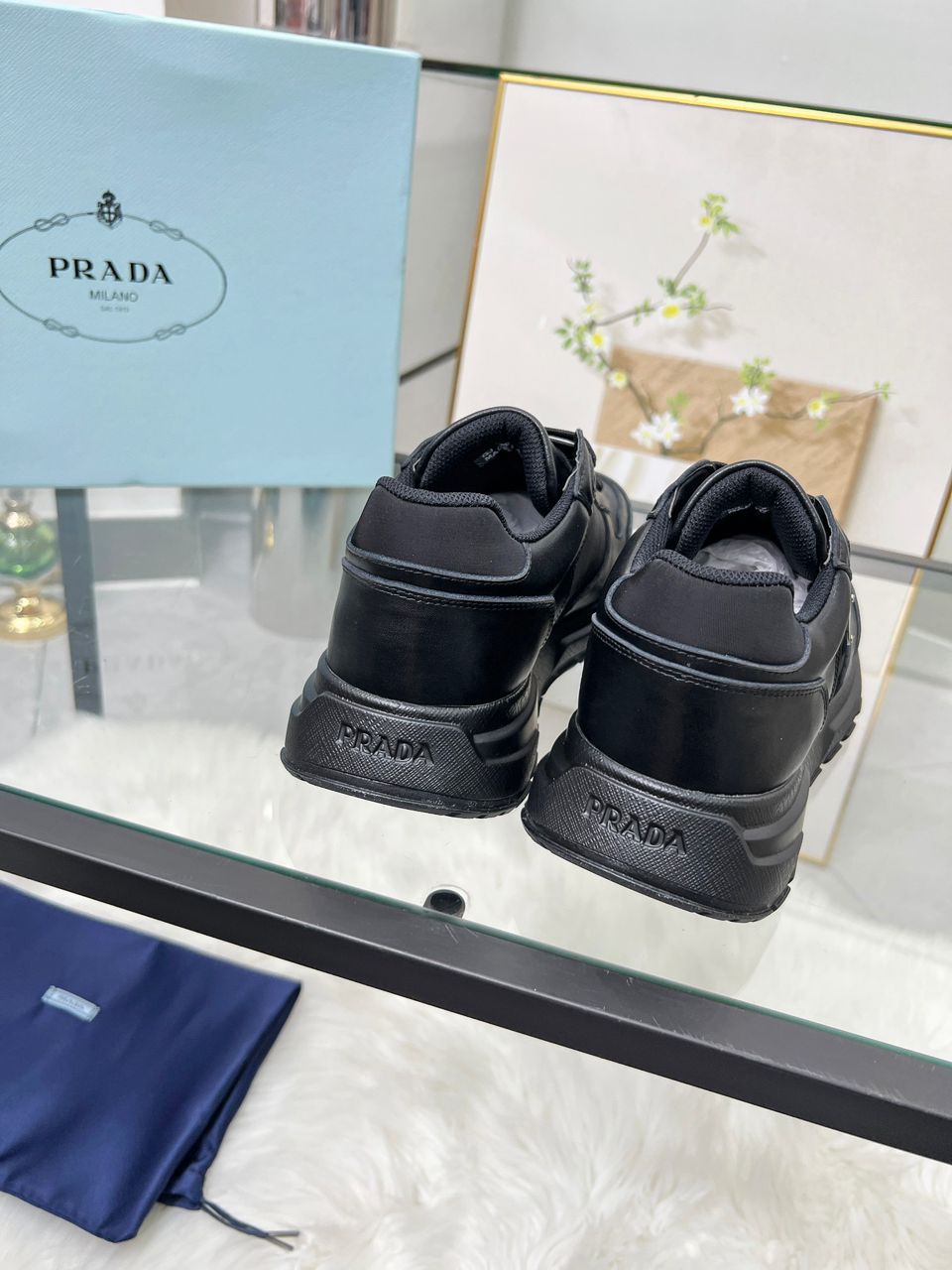 Prada Black Nylon Leather Triangle Logo Sneakers .