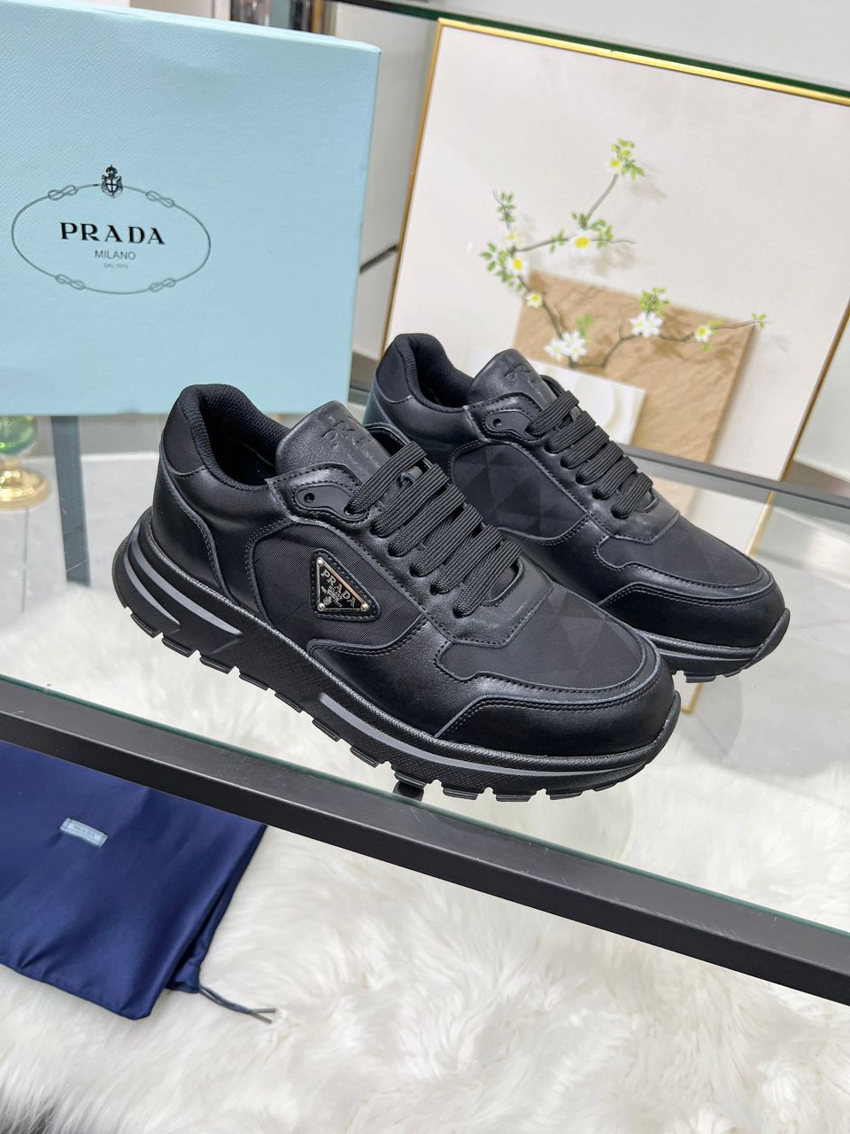 Prada Black Nylon Leather Triangle Logo Sneakers .