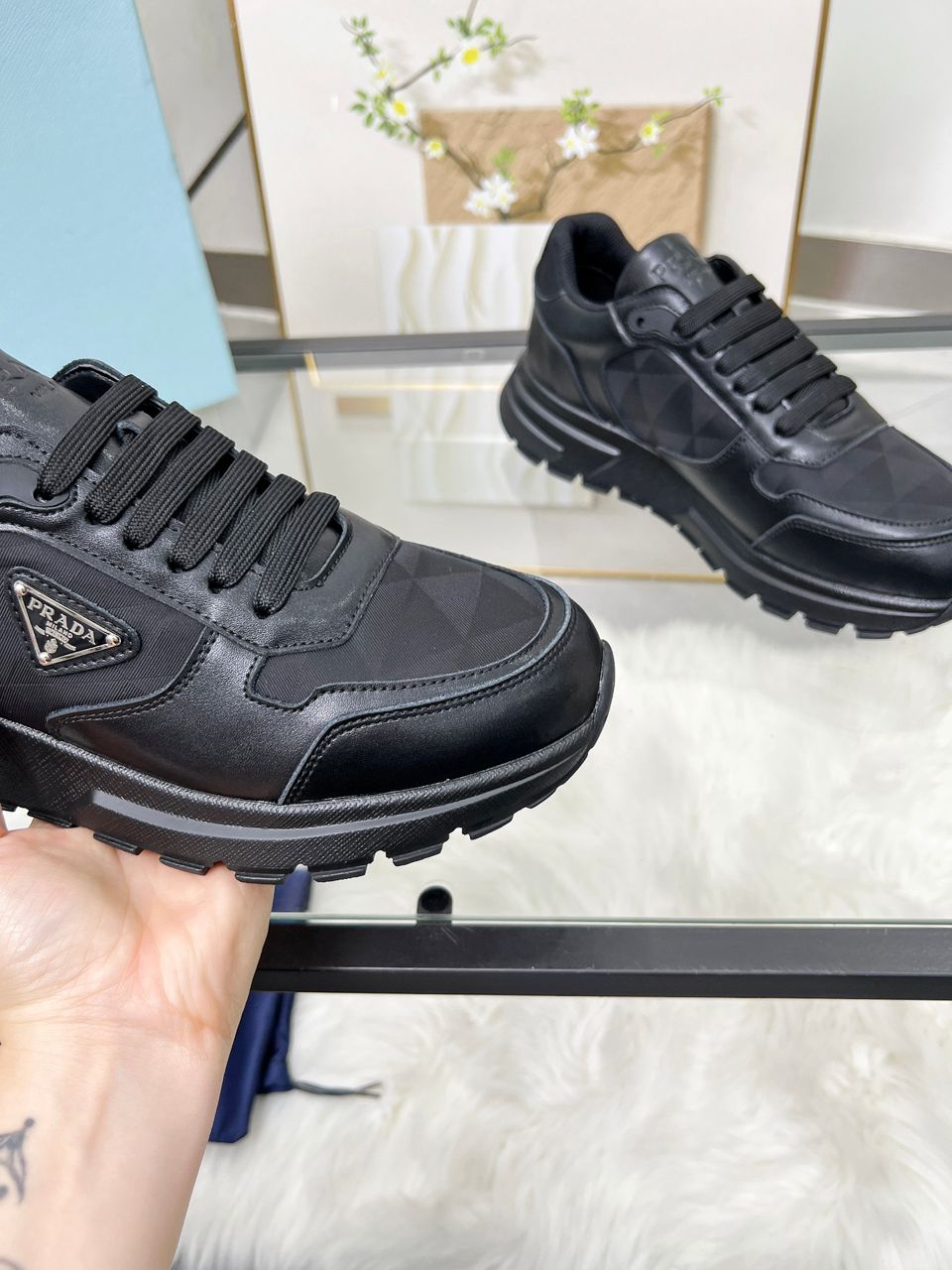 Prada Black Nylon Leather Triangle Logo Sneakers .