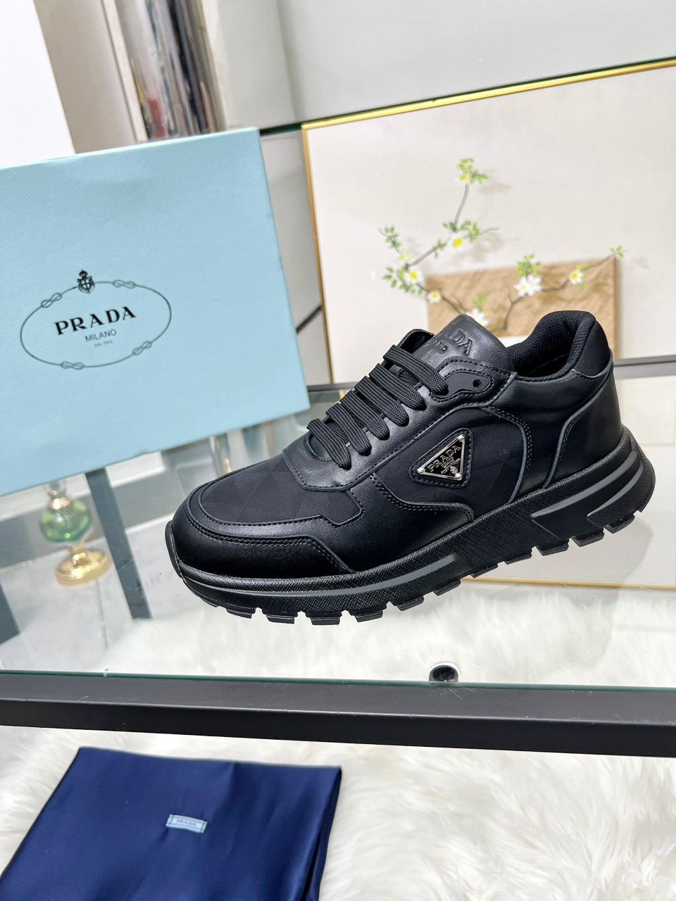 Prada Black Nylon Leather Triangle Logo Sneakers .