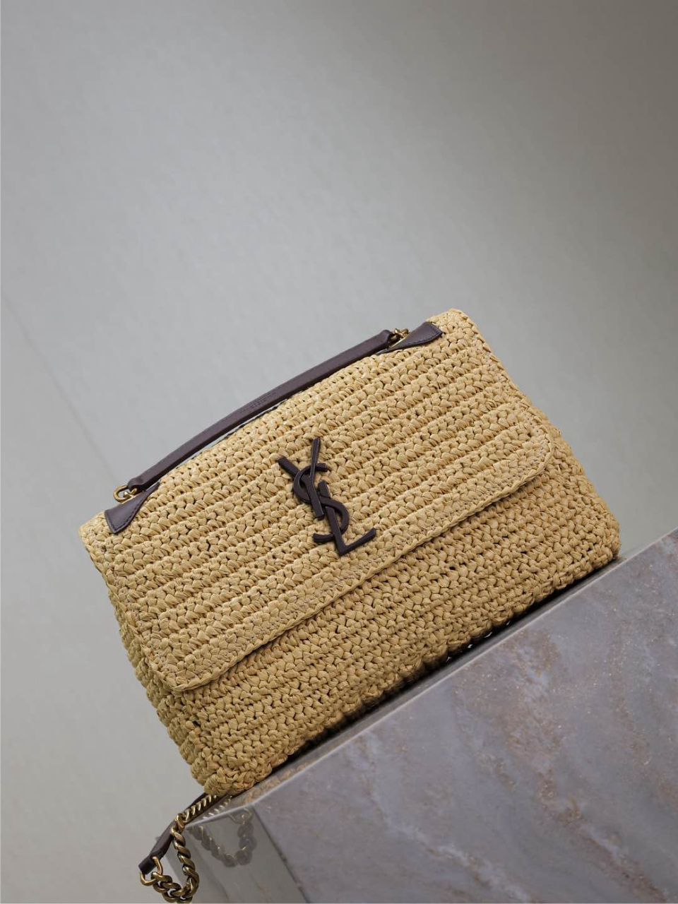 Saint Laurent Niki Medium Raffia Chain Bag Natural Preto .