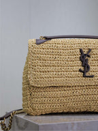 Saint Laurent Niki Medium Raffia Chain Bag Natural Preto .