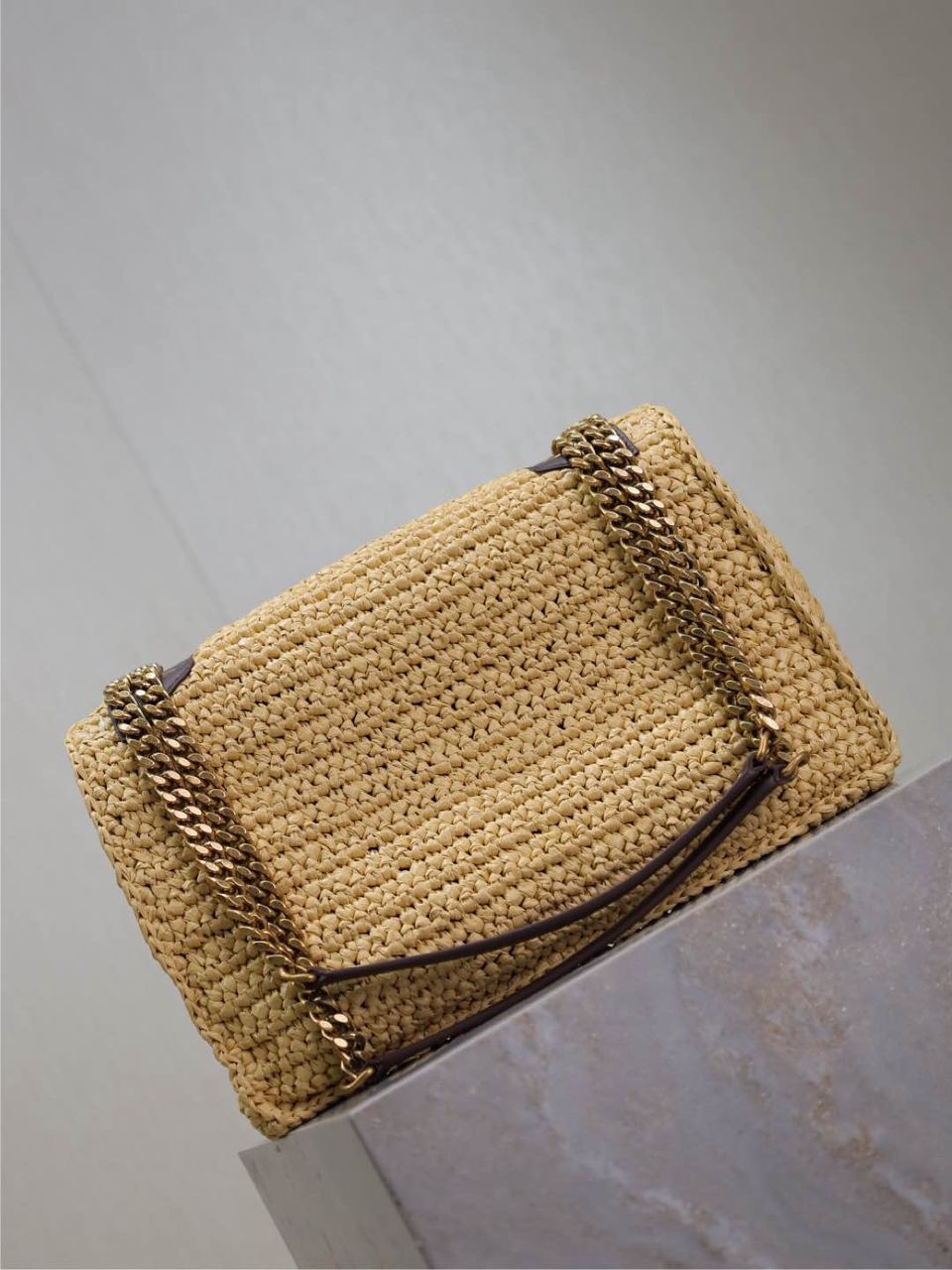 Saint Laurent Niki Medium Raffia Chain Bag Natural Preto .