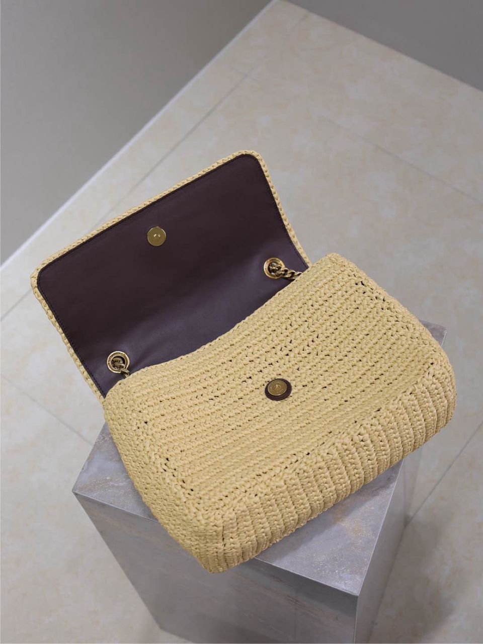 Saint Laurent Niki Medium Raffia Chain Bag Natural Preto .