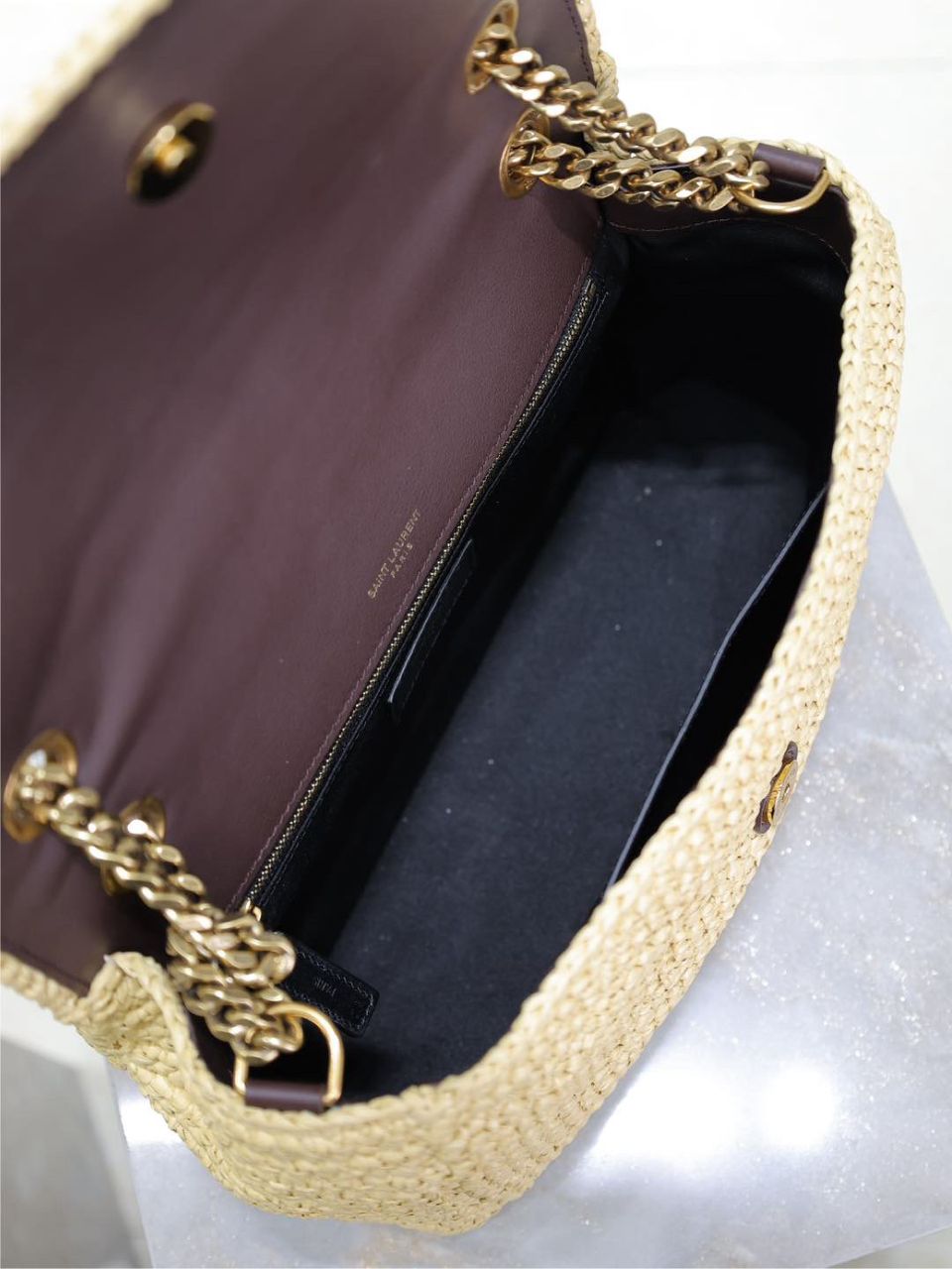 Saint Laurent Niki Medium Raffia Chain Bag Natural Preto .