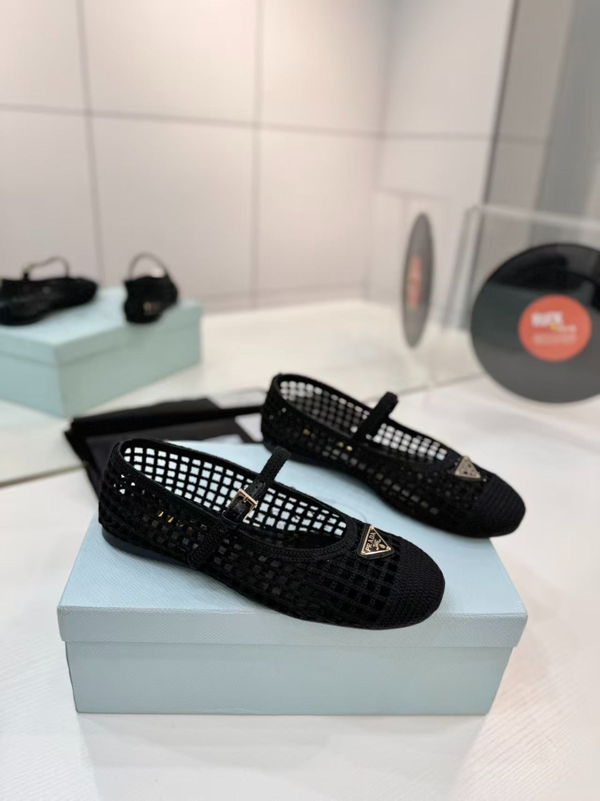 Prada Crochet Mesh Mary Jane Flats Black .