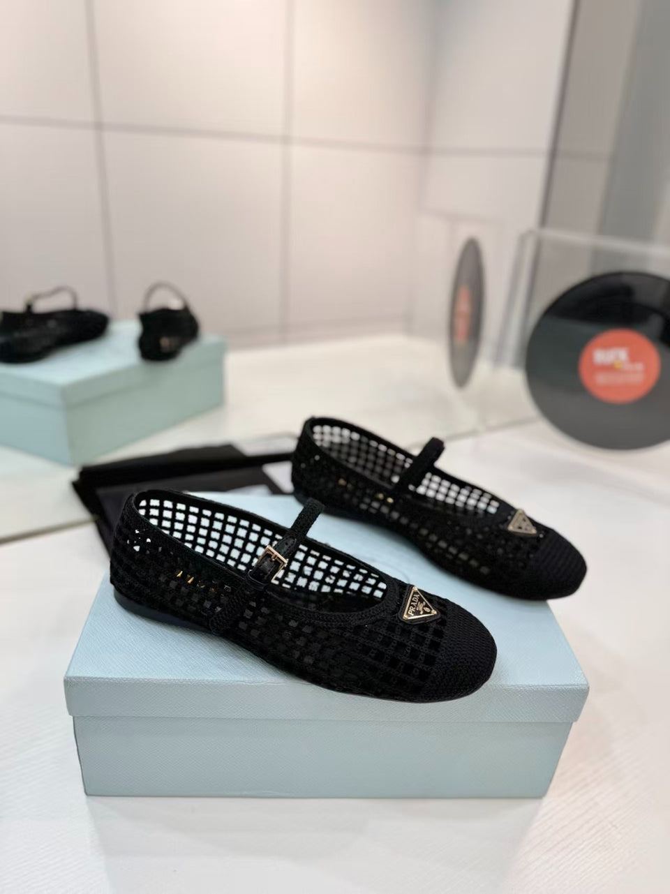 Prada Crochet Mesh Mary Jane Flats Black .