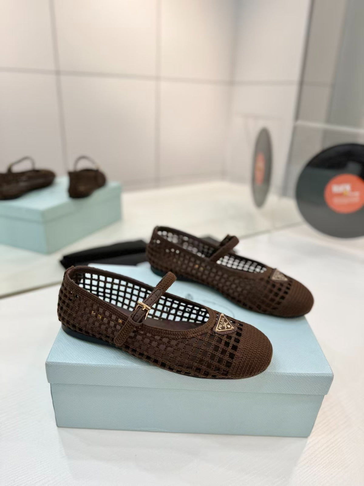 Prada Crochet Mesh Mary Jane Flats Brown .