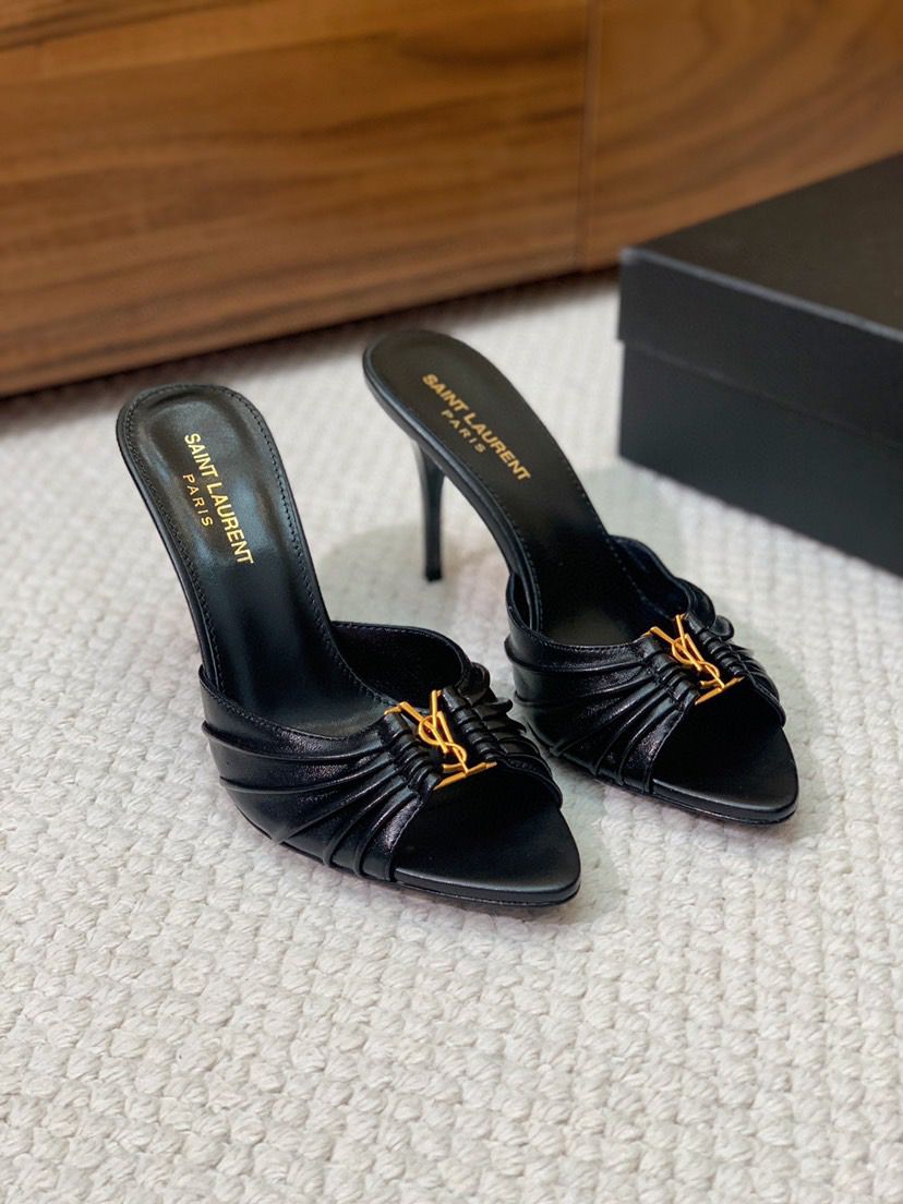 Saint Laurent Babylone Draped Leather Sandals Black
