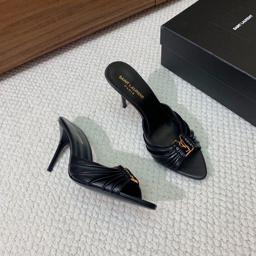 Saint Laurent Babylone Draped Leather Sandals Black