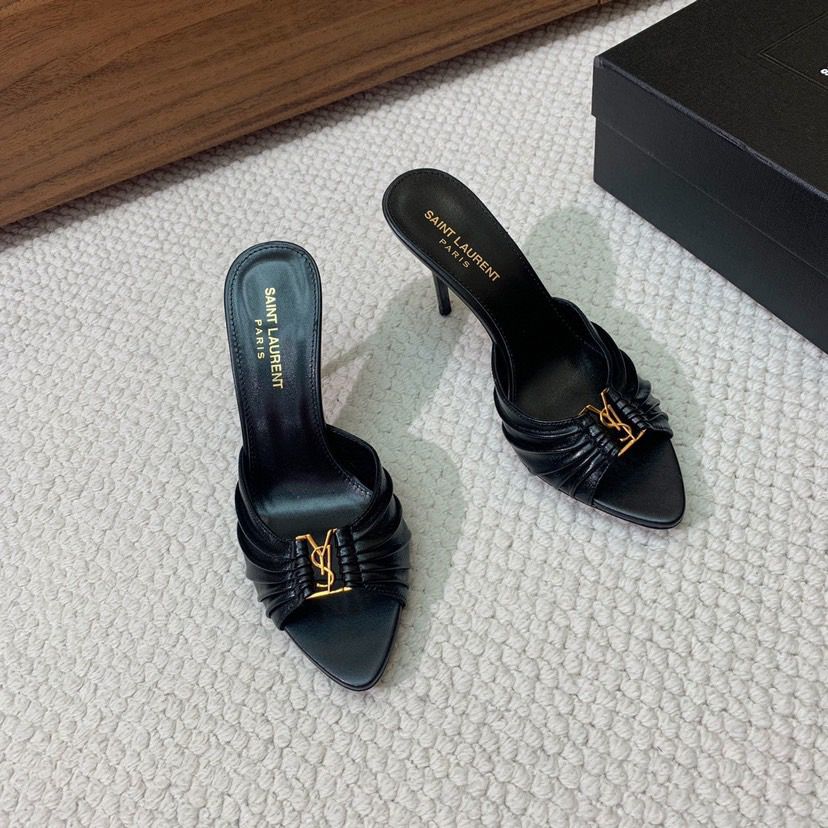 Saint Laurent Babylone Draped Leather Sandals Black