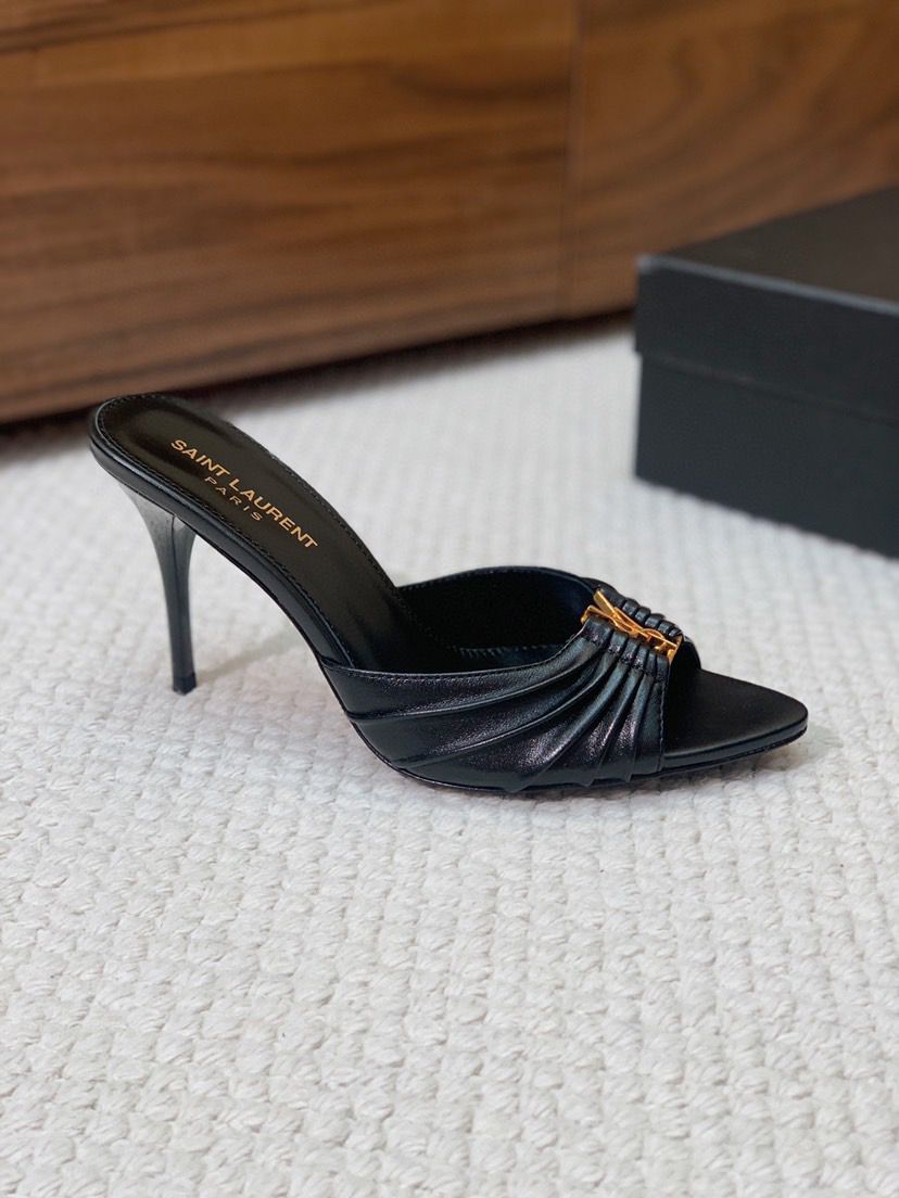 Saint Laurent Babylone Draped Leather Sandals Black