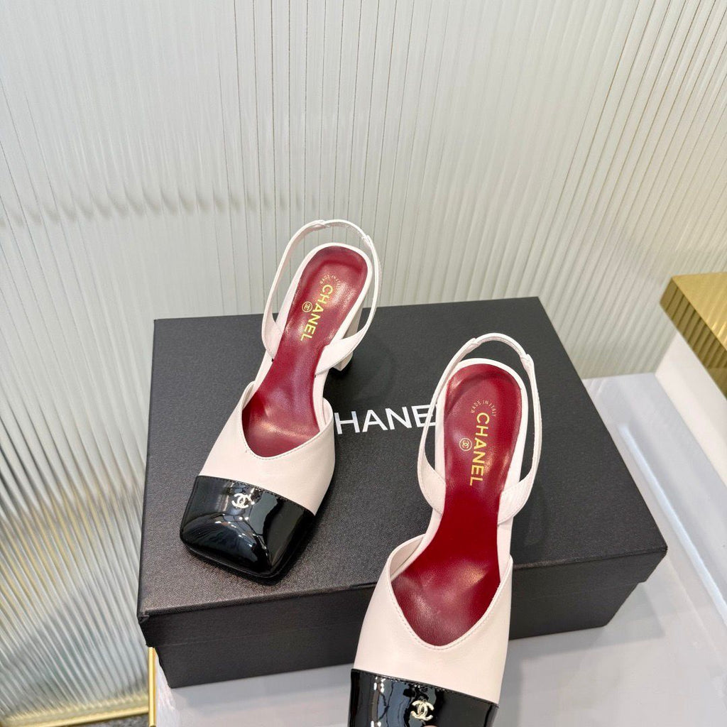 Chanel Slingback Block Heel  Beige & Black  Patent. Salto 9 cm.
