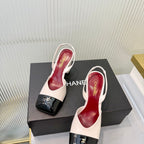 Chanel Slingback Block Heel  Beige & Black  Patent. Salto 9 cm.