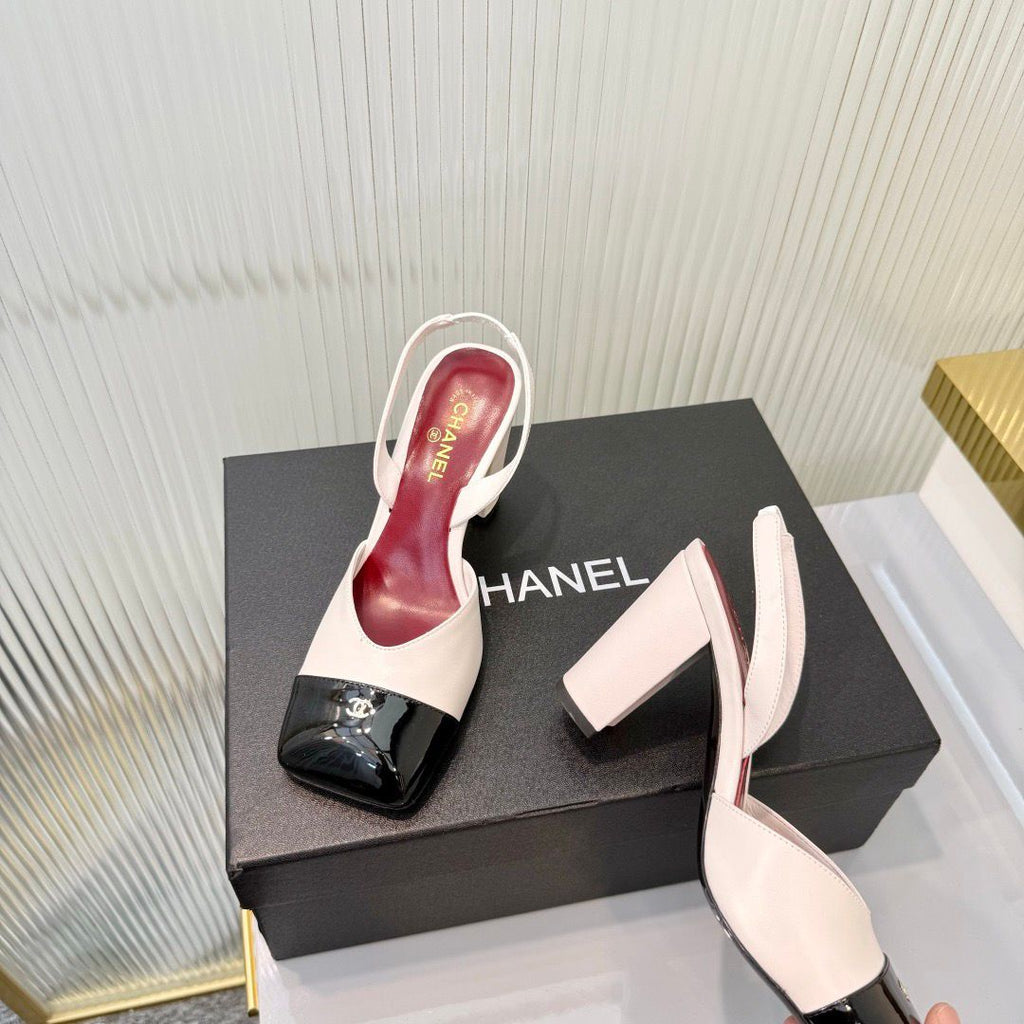 Chanel Slingback Block Heel  Beige & Black  Patent. Salto 9 cm.