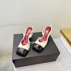 Chanel Slingback Block Heel  Beige & Black  Patent. Salto 9 cm.
