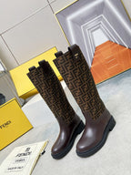 Fendi FF Monogram Leather Knee Boots Brown .