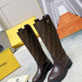 Fendi FF Monogram Leather Knee Boots Brown .