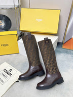Fendi FF Monogram Leather Knee Boots Brown .
