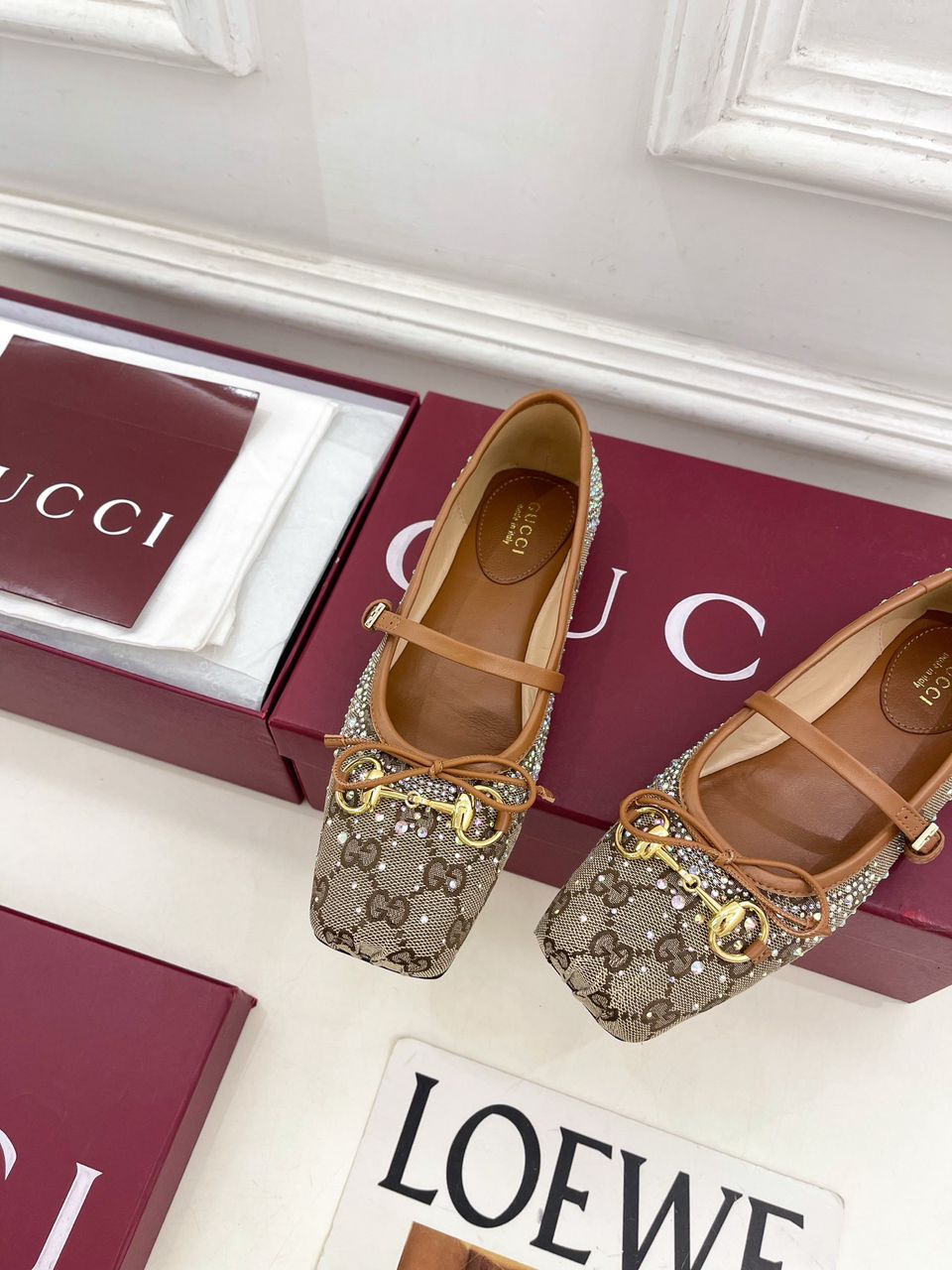 Sapatilha Gucci Horsebit Ballet Flat GG com Cristais BegeEbony .
