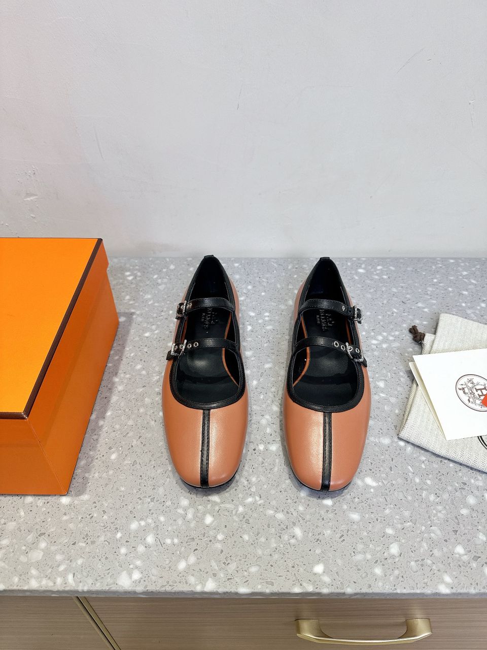 Hermès Lilia Mary Jane Ballet Flats Rose/Black .