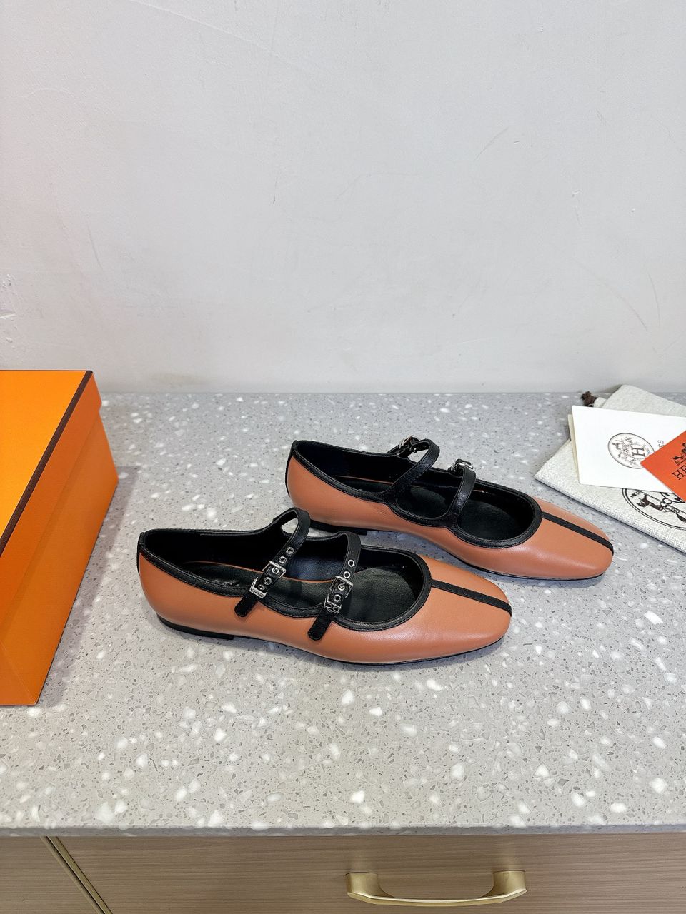 Hermès Lilia Mary Jane Ballet Flats Rose/Black .