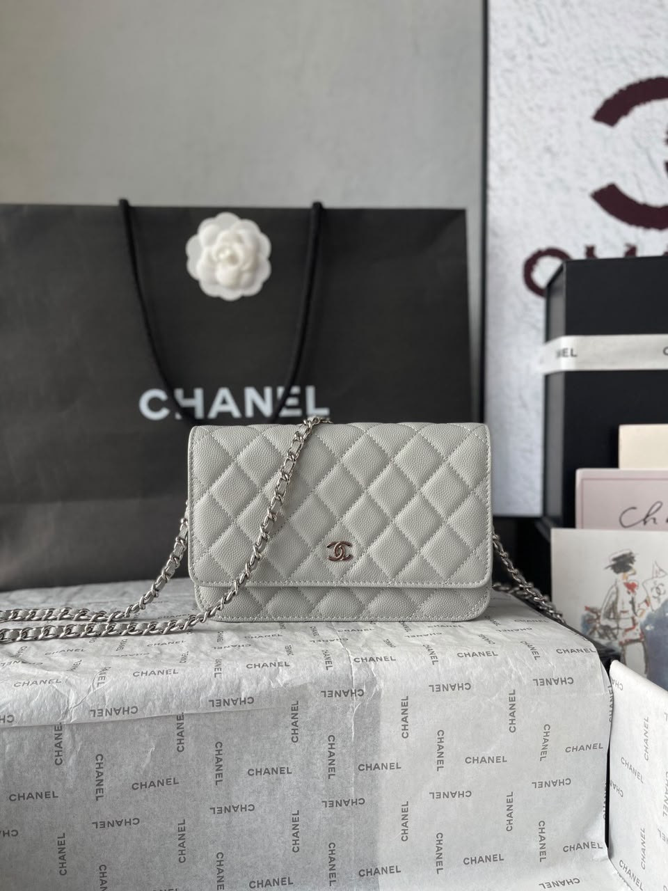 Chanel Wallet On Chain Grey Silver Hardware .