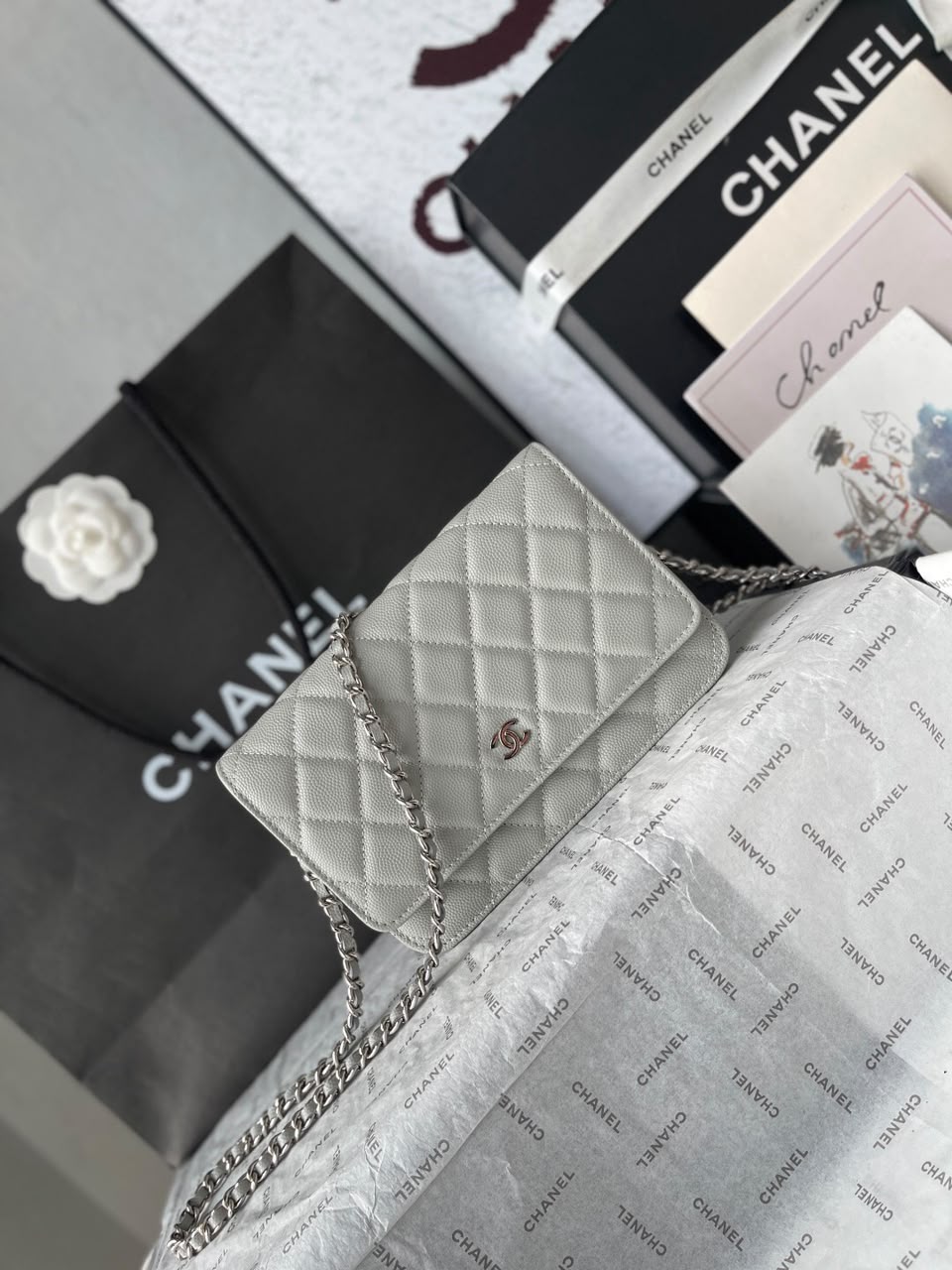 Chanel Wallet On Chain Grey Silver Hardware .
