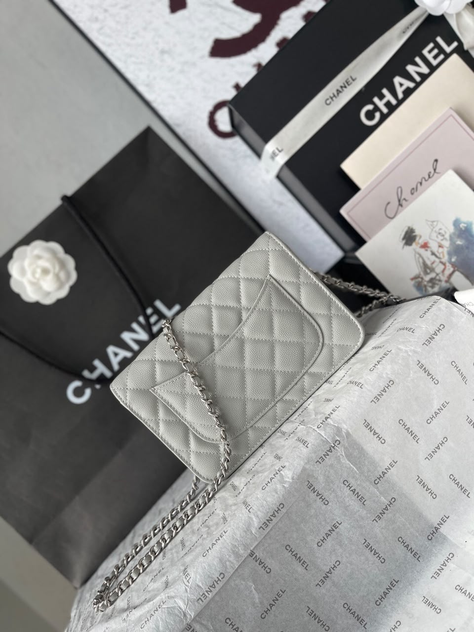 Chanel Wallet On Chain Grey Silver Hardware .