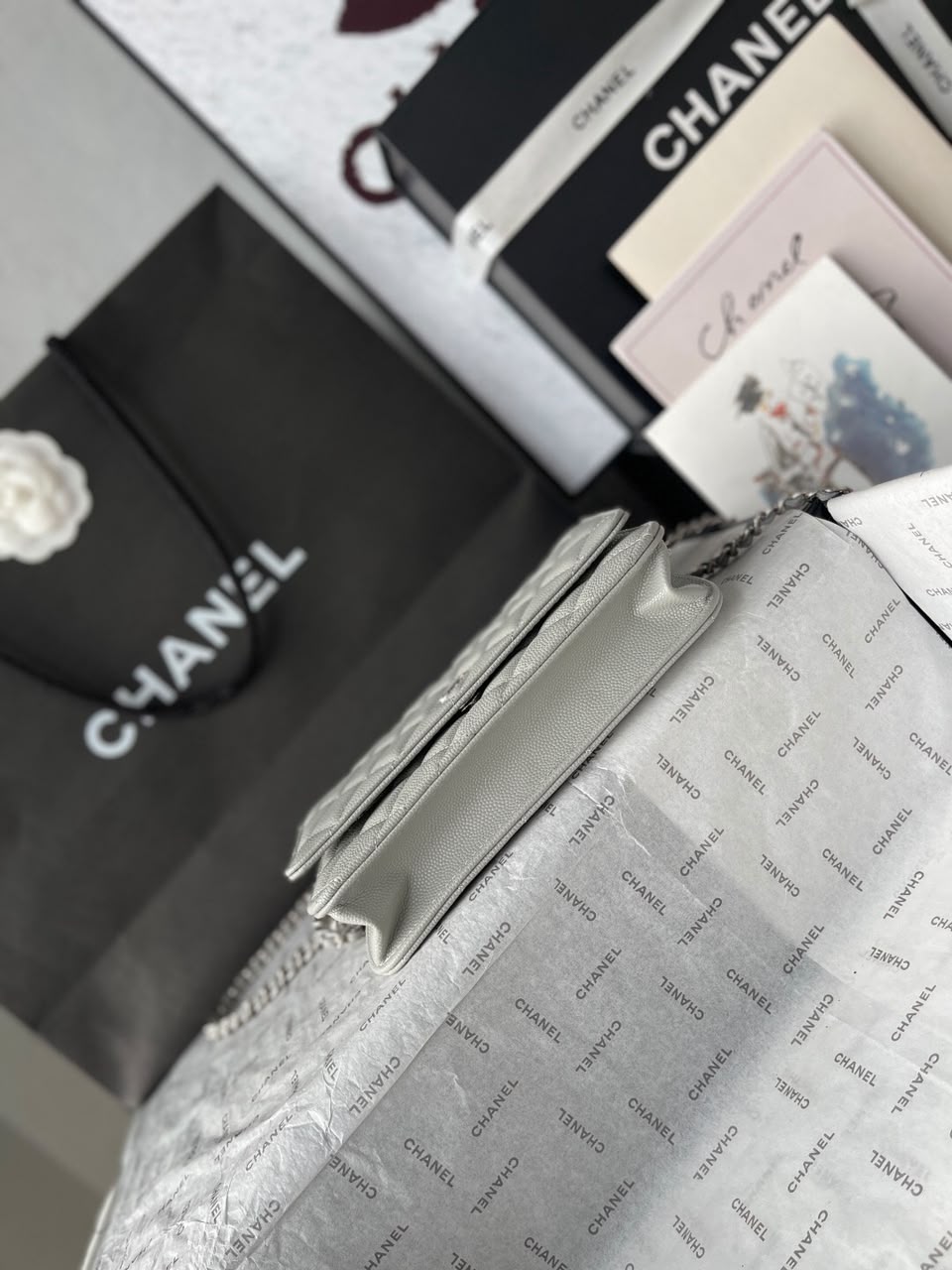 Chanel Wallet On Chain Grey Silver Hardware .
