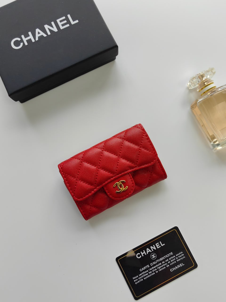 Chanel Classic Flap Card Holder Red Gold hardware .