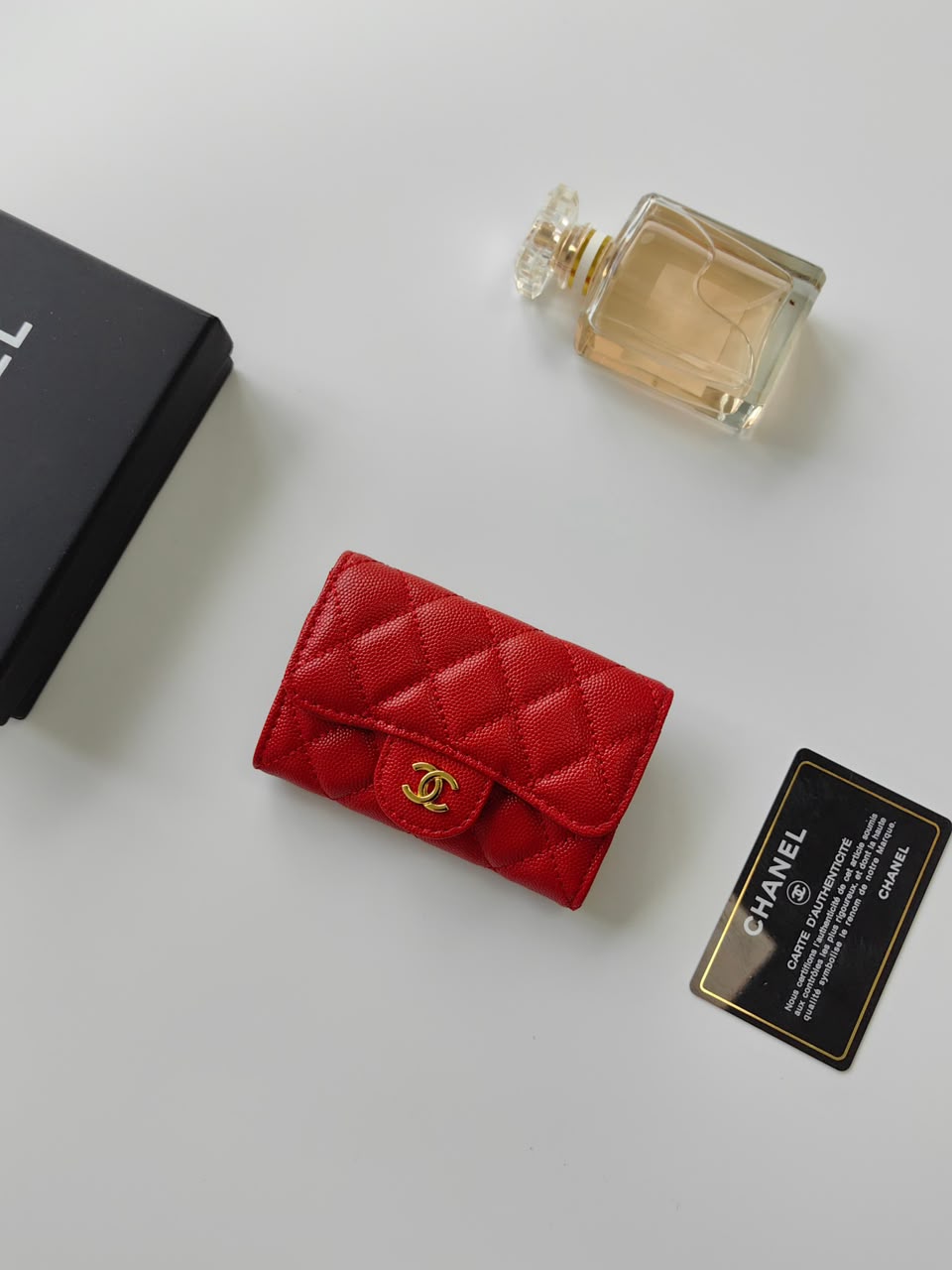 Chanel Classic Flap Card Holder Red Gold hardware .