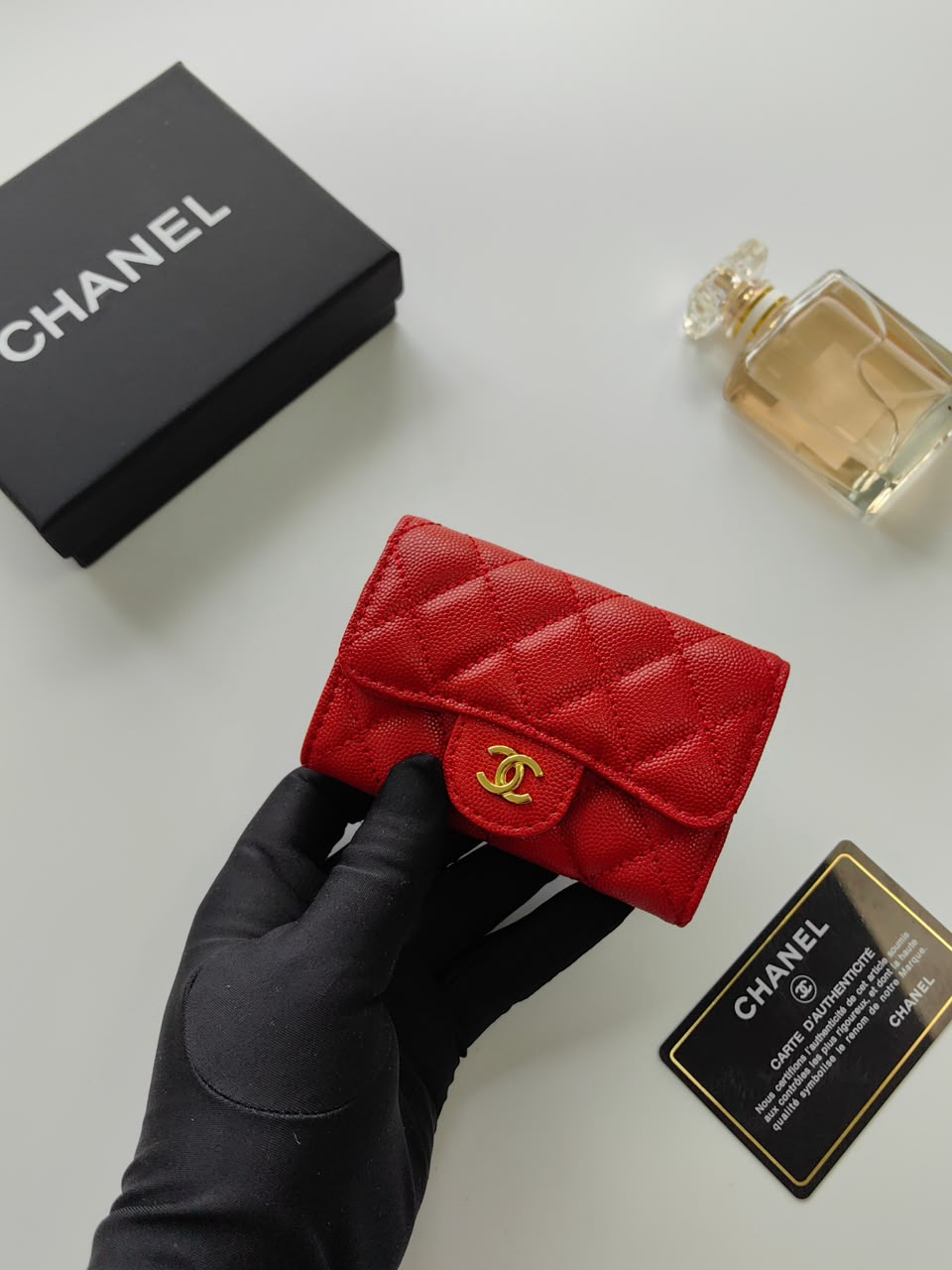 Chanel Classic Flap Card Holder Red Gold hardware .