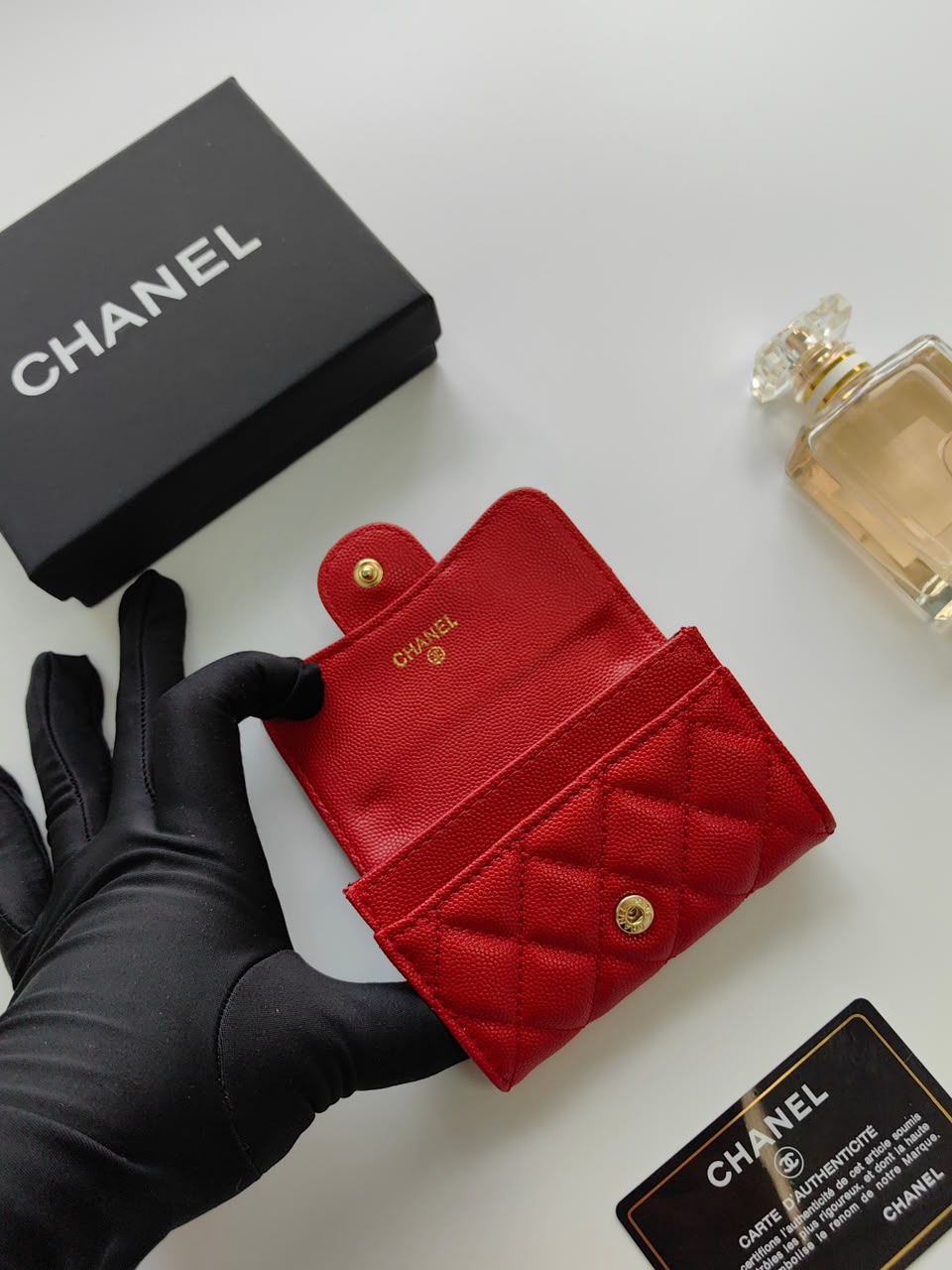Chanel Classic Flap Card Holder Red Gold hardware .