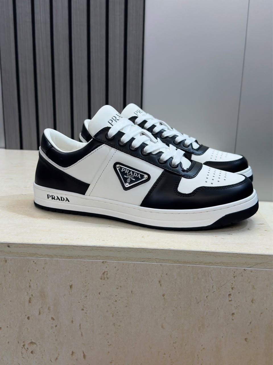 Prada Downtown Low Top Sneakers Leather White Black black logo.