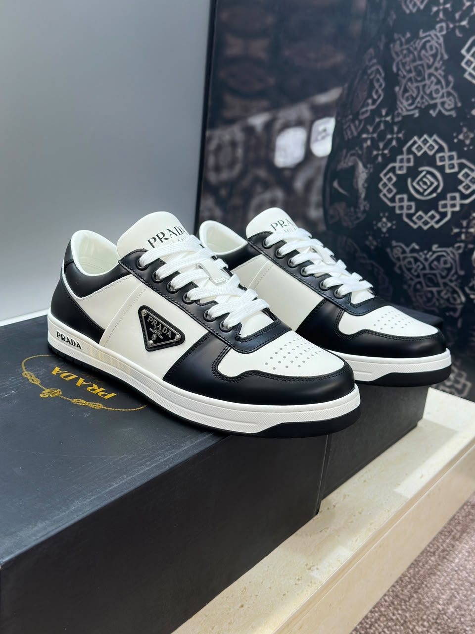 Prada Downtown Low Top Sneakers Leather White Black black logo.