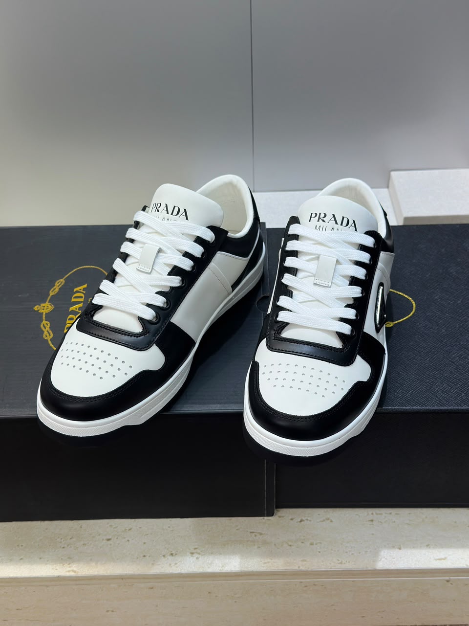 Prada Downtown Low Top Sneakers Leather White Black black logo.