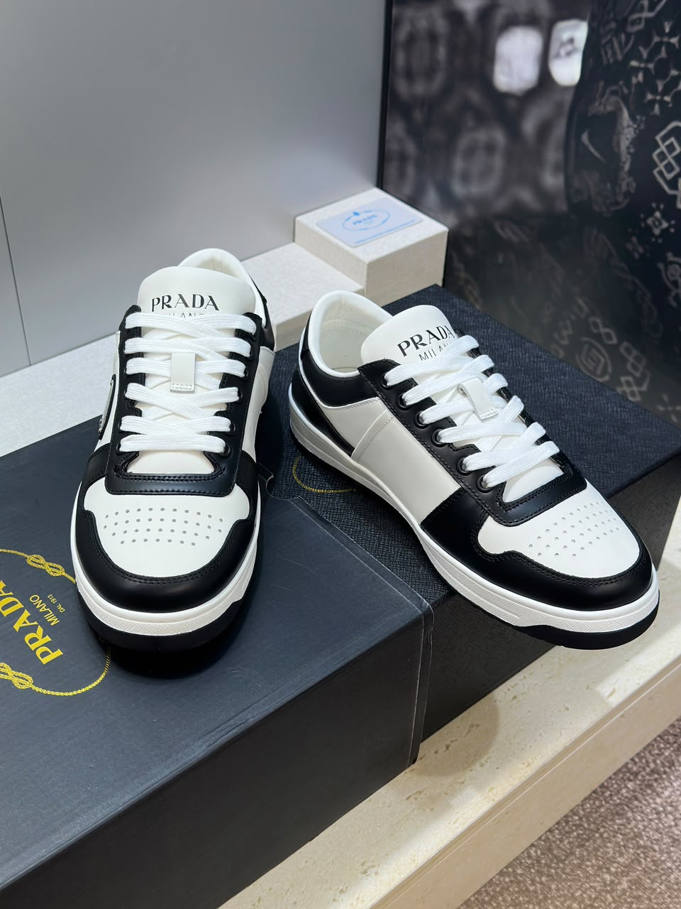 Prada Downtown Low Top Sneakers Leather White Black black logo.
