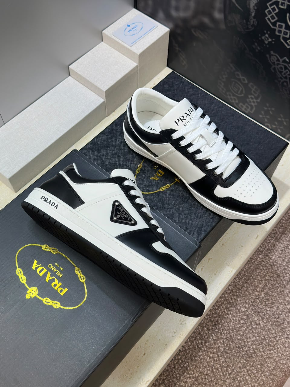 Prada Downtown Low Top Sneakers Leather White Black black logo.