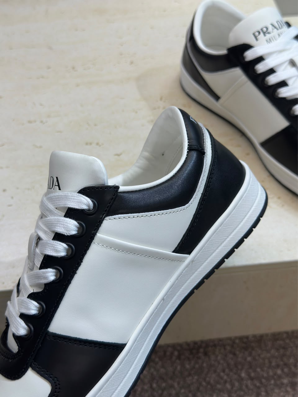 Prada Downtown Low Top Sneakers Leather White Black black logo.