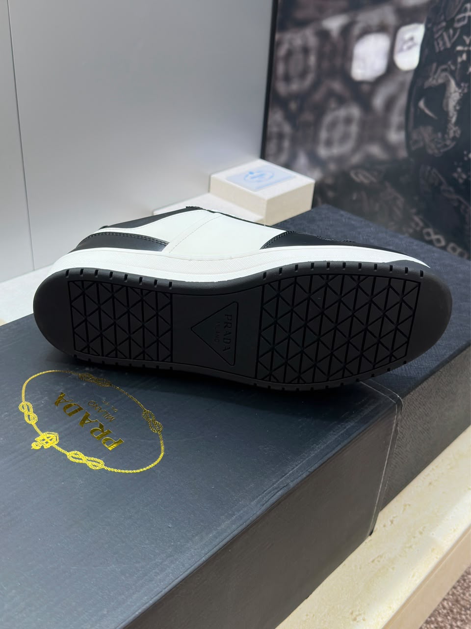 Prada Downtown Low Top Sneakers Leather White Black black logo.