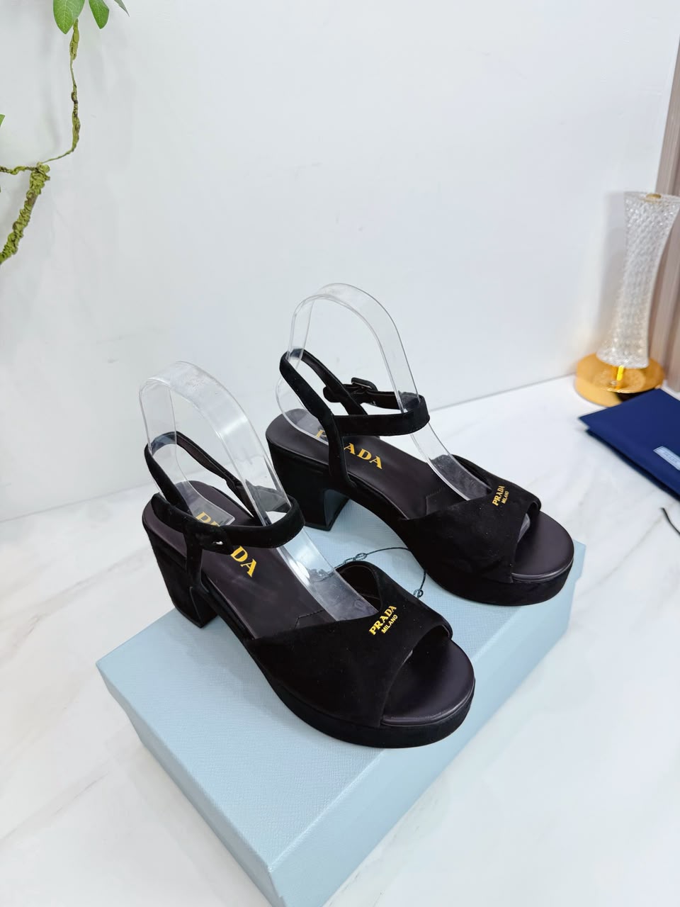 Prada Padded Suede Sandals black .