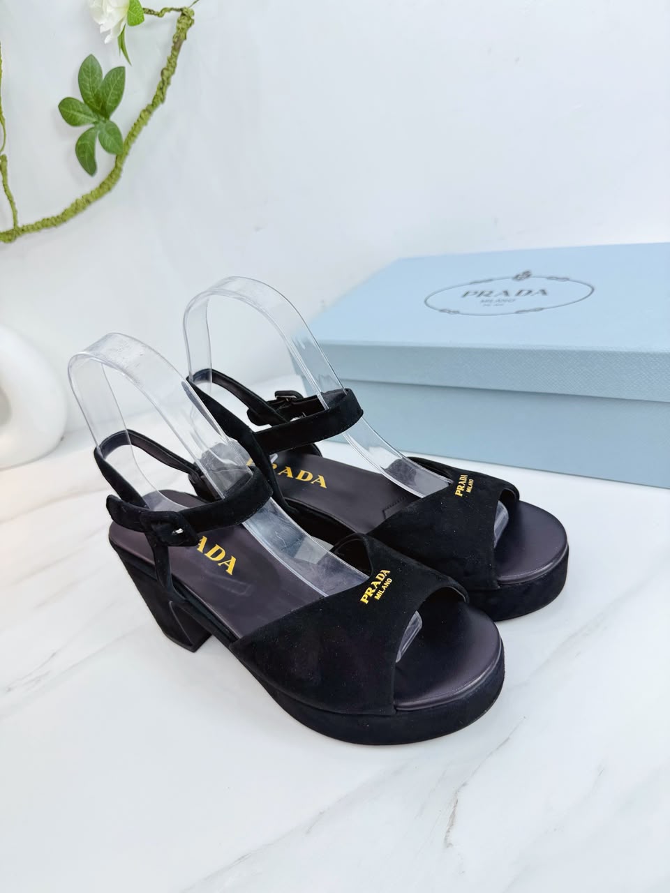 Prada Padded Suede Sandals black .