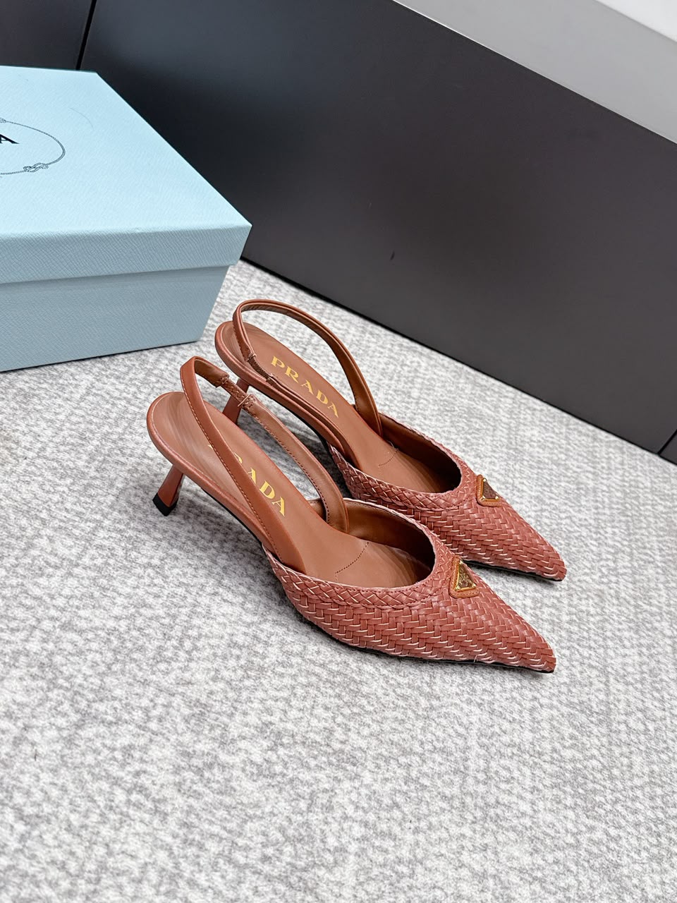 Prada Woven Leather Slingback Pumps Cognac .