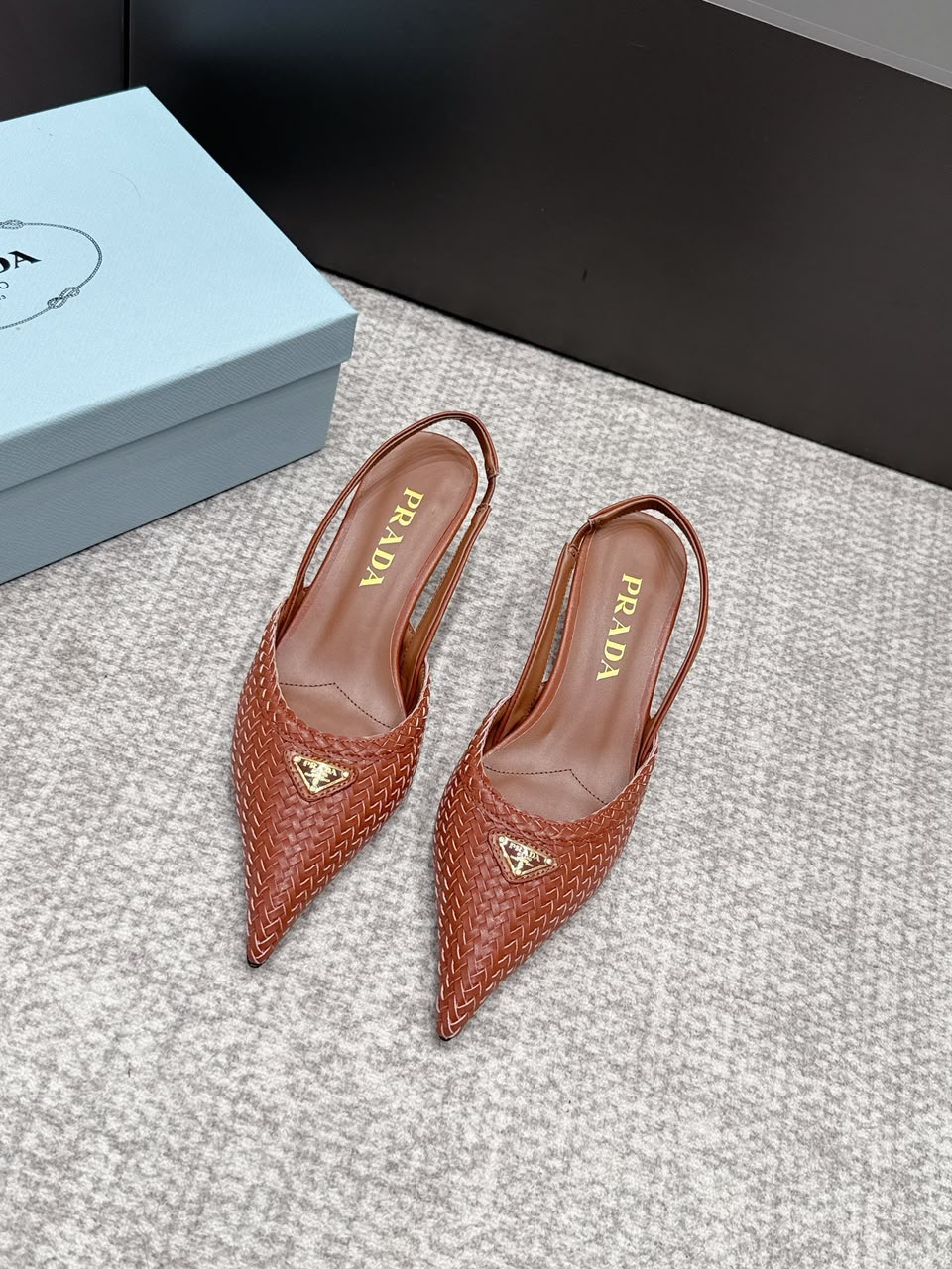 Prada Woven Leather Slingback Pumps Cognac .