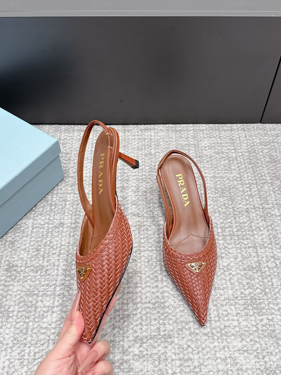 Prada Woven Leather Slingback Pumps Cognac .