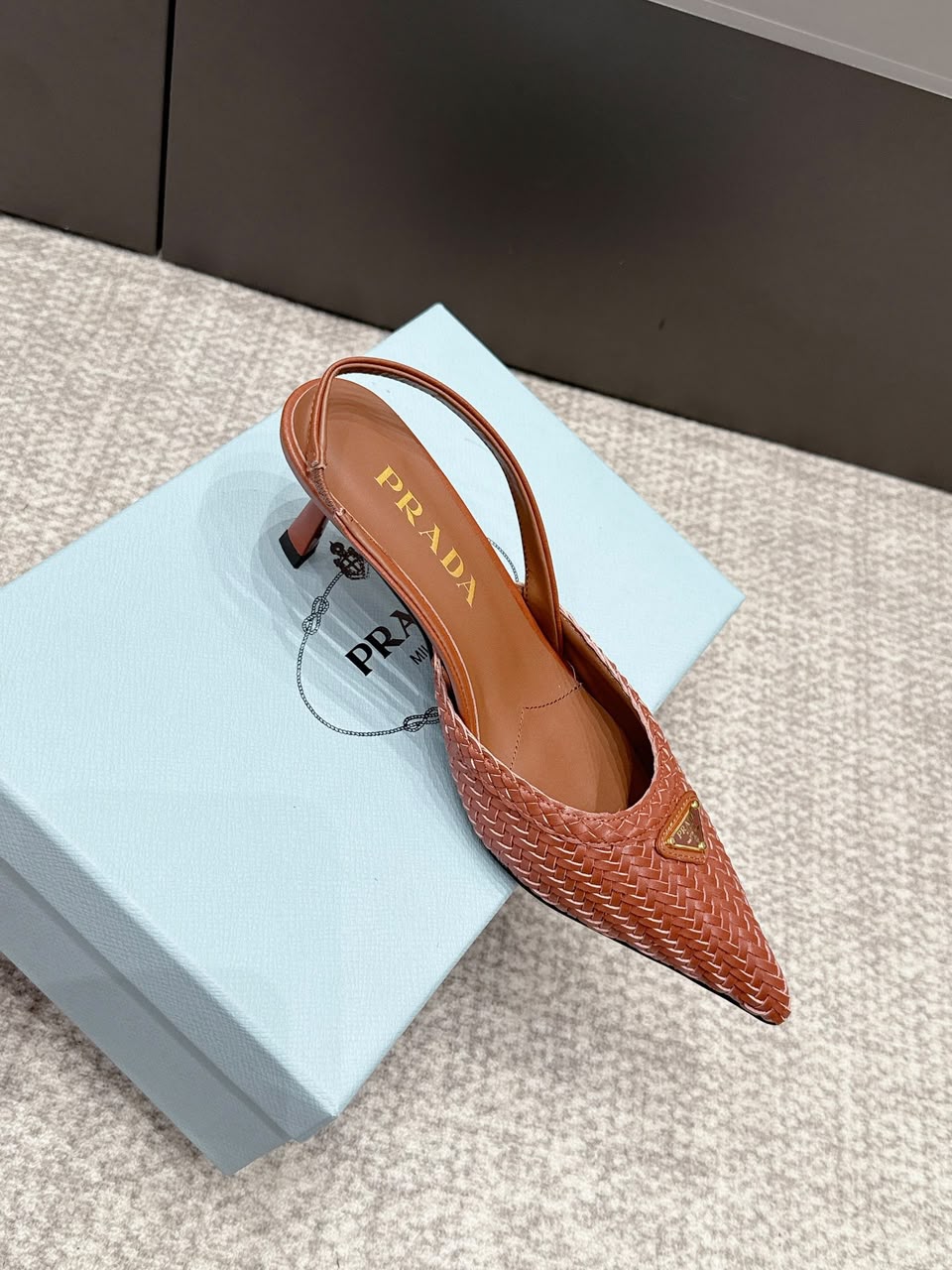 Prada Woven Leather Slingback Pumps Cognac .