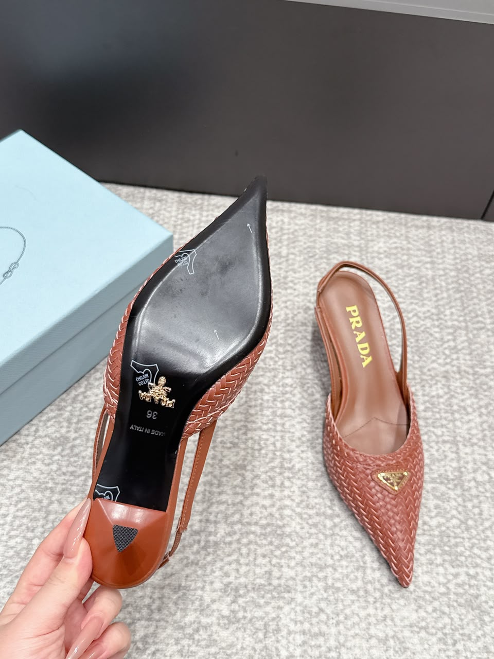 Prada Woven Leather Slingback Pumps Cognac .
