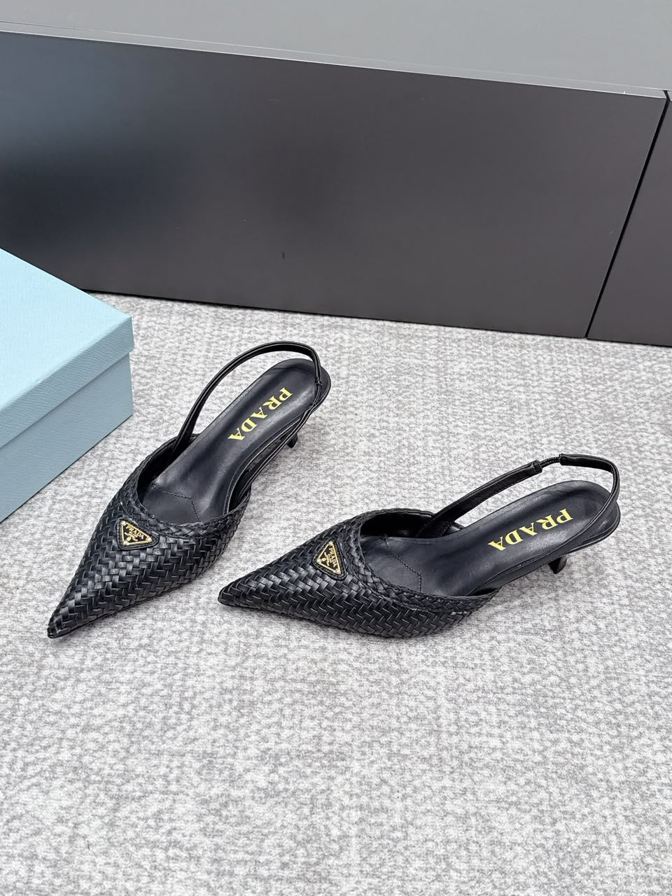 Prada Woven Leather Slingback Pumps Black .